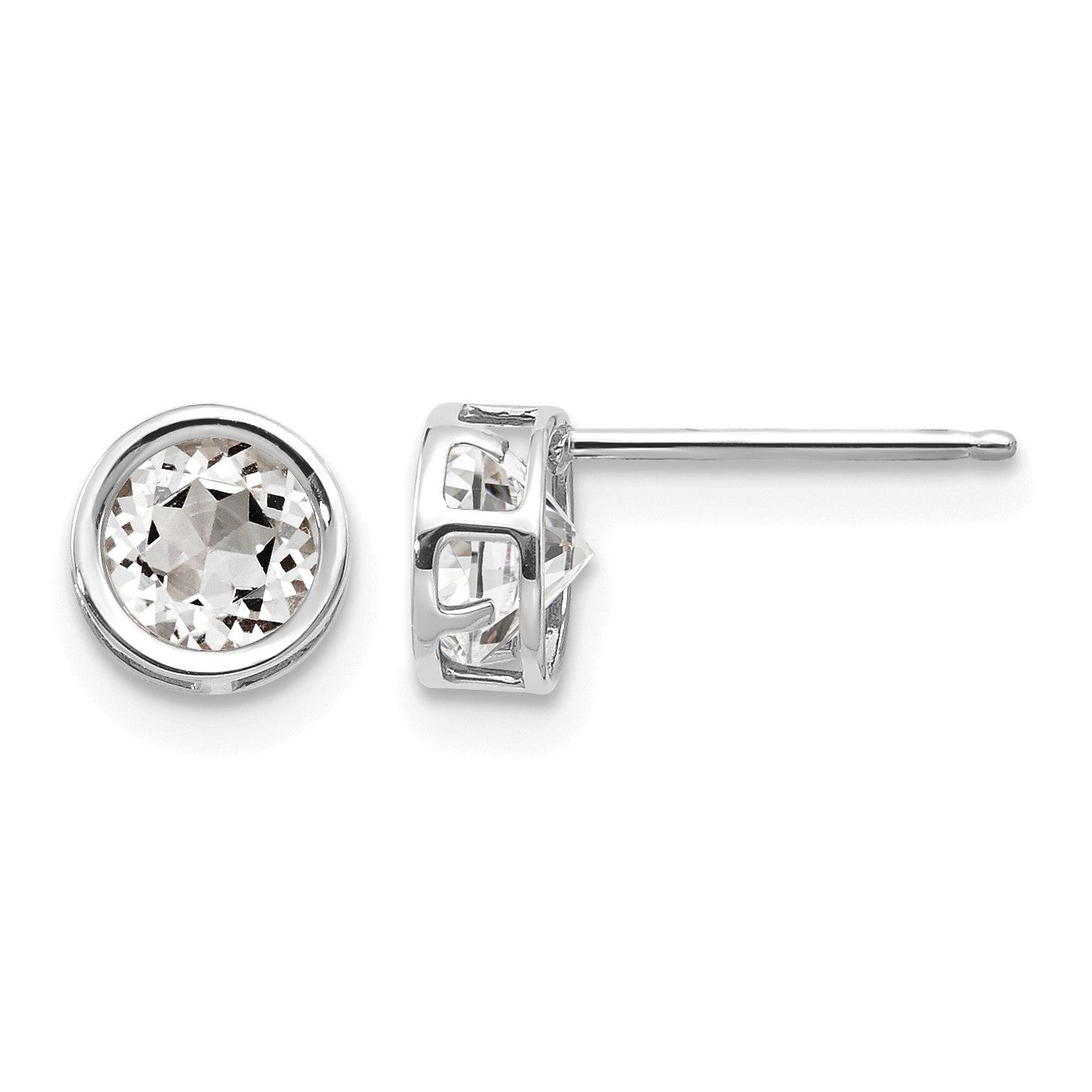 14k White Gold 5mm Round Bezel April/White Topaz Post Earrings