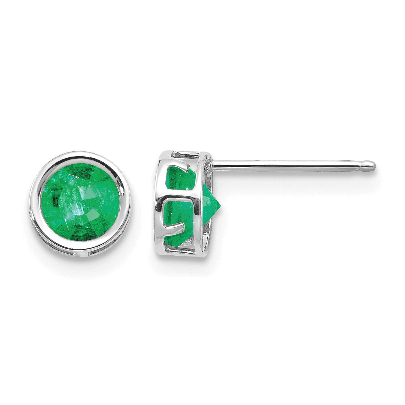 14k White Gold 5mm Round Bezel May/Emerald Post Earrings