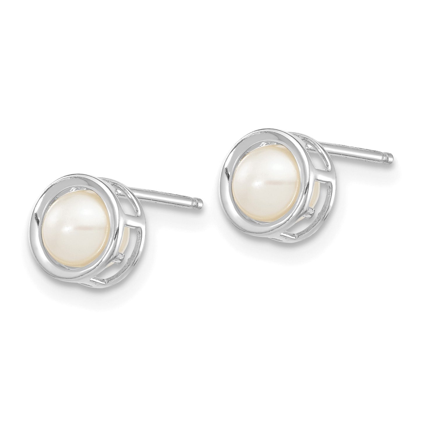 14k White Gold 4.5mm Round Bezel June/Freshwater Cultured Pearl Post Earrings