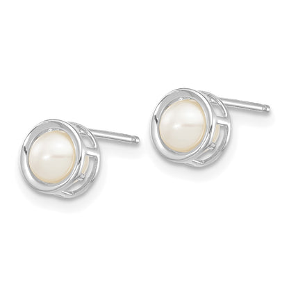 14k White Gold 4.5mm Round Bezel June/Freshwater Cultured Pearl Post Earrings