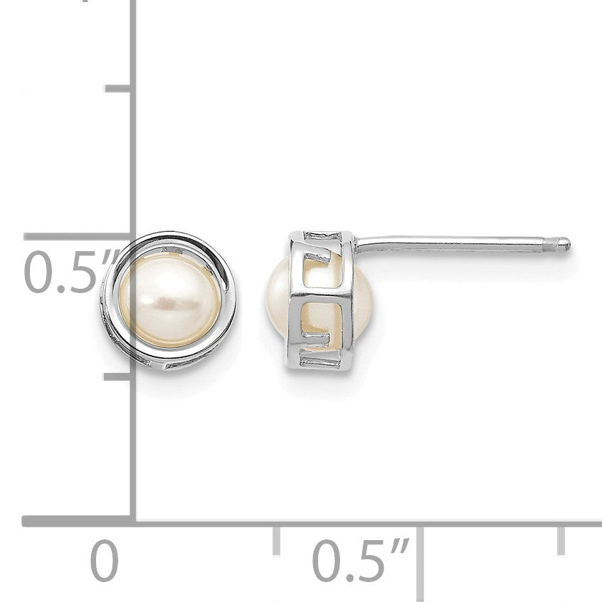 14k White Gold 4.5mm Round Bezel June/Freshwater Cultured Pearl Post Earrings