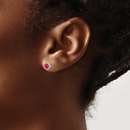 14k White Gold 5mm Round Bezel July/Ruby Post Earrings