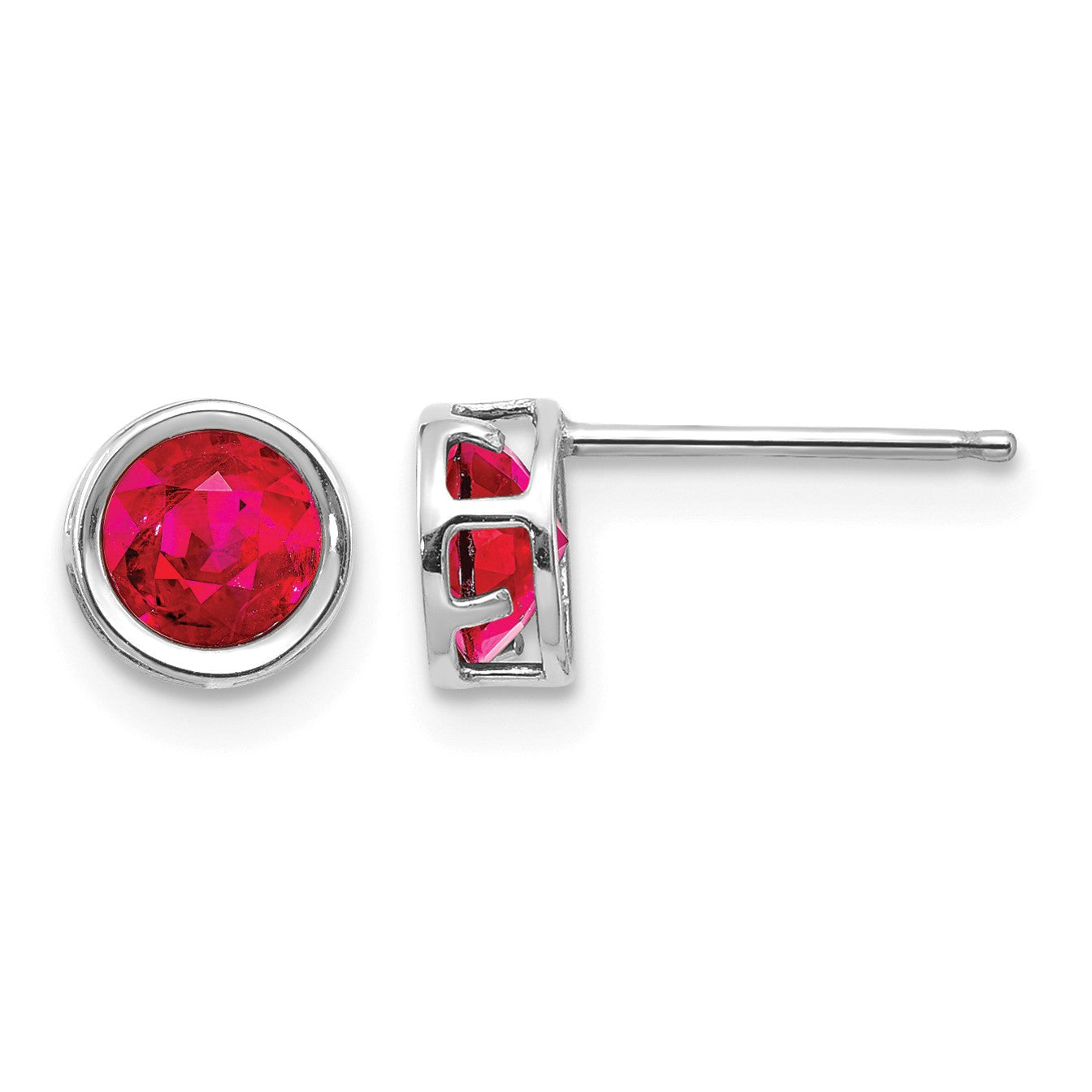14k White Gold 5mm Round Bezel July/Ruby Post Earrings