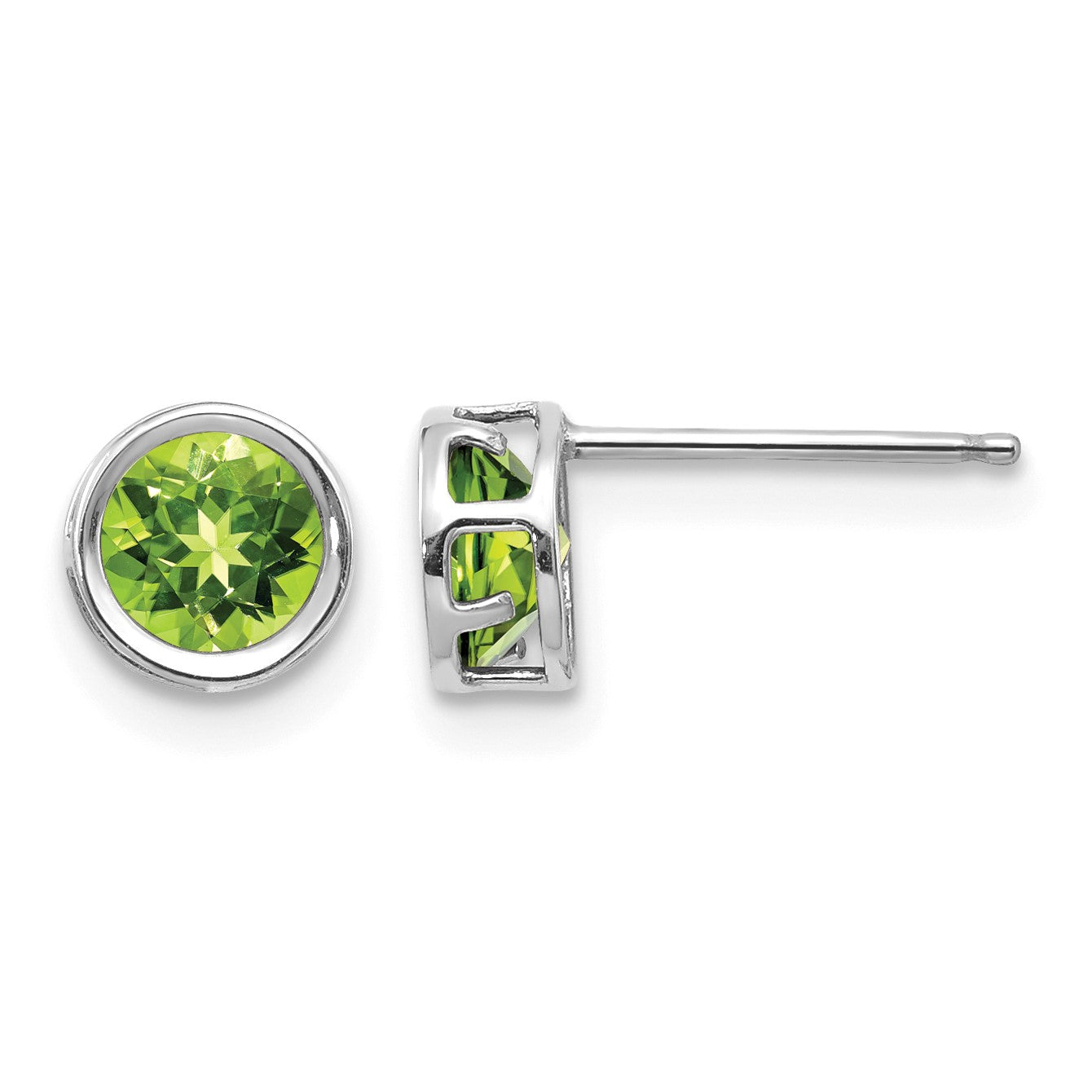 14k White Gold 5mm Round Bezel August/Peridot Post Earrings