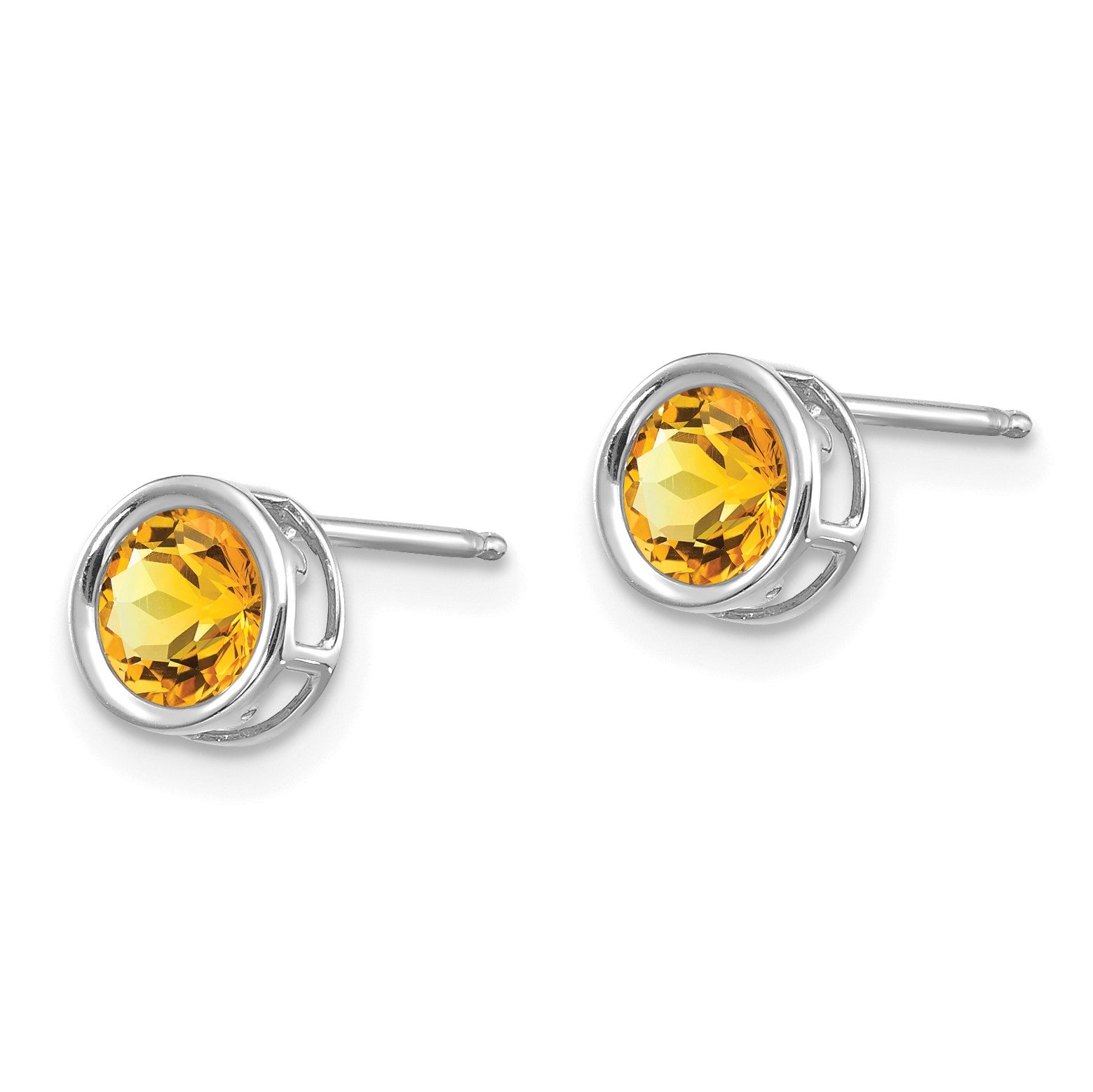 14k White Gold 5mm Round Bezel November/Citrine Post Earrings