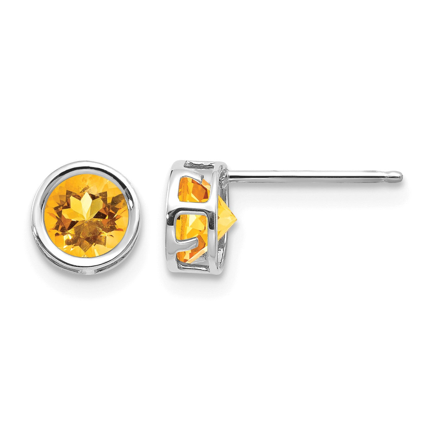 14k White Gold 5mm Round Bezel November/Citrine Post Earrings