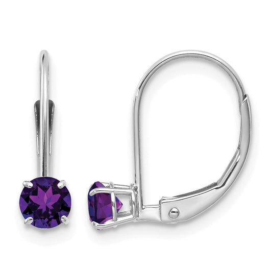 14k White Gold 4mm Round February/Amethyst Leverback Earrings