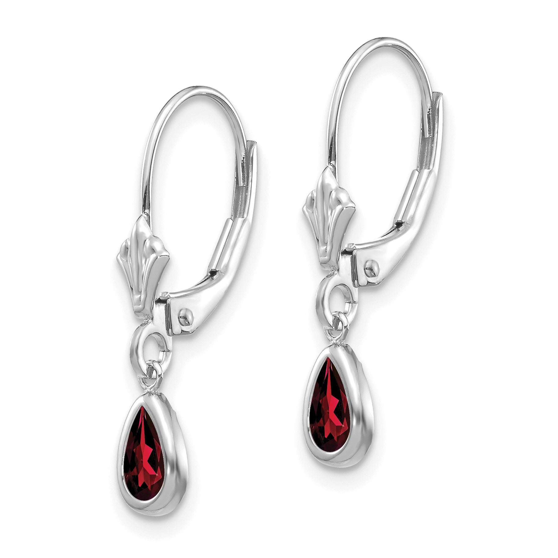 14k White Gold 6x4 Pear Bezel January/Garnet Leverback Earrings