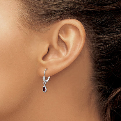 14k White Gold 6x4 Pear Bezel January/Garnet Leverback Earrings