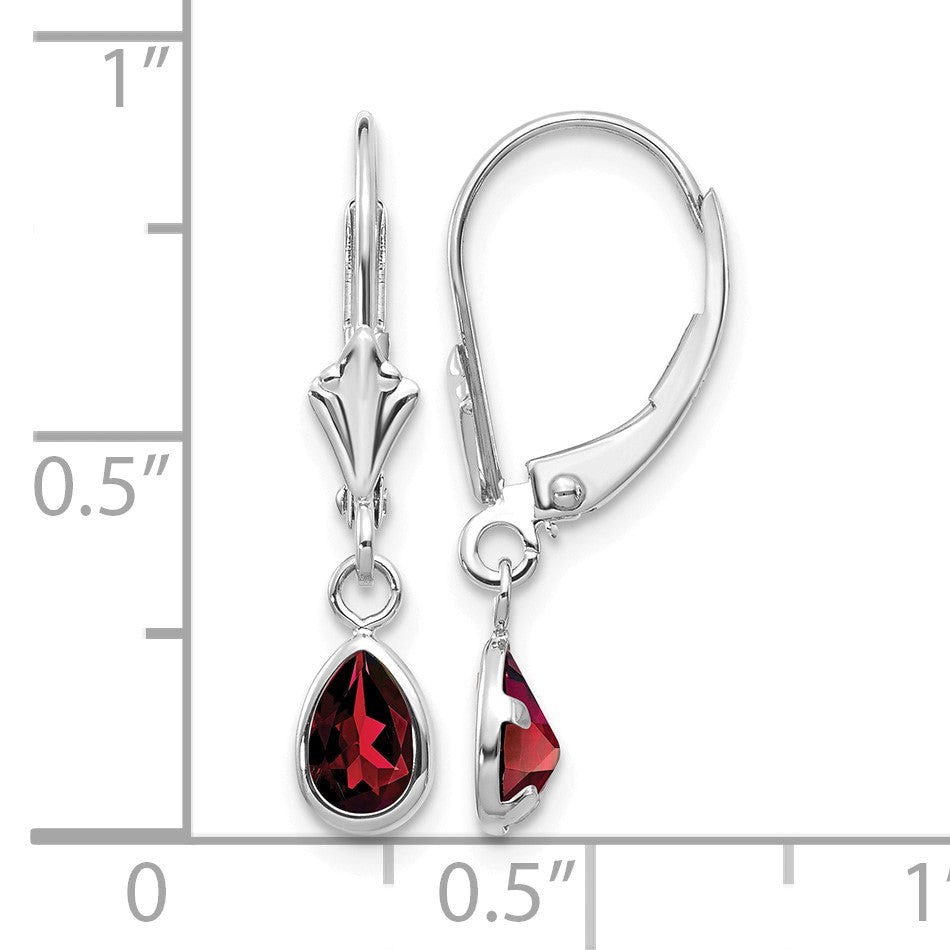 14k White Gold 6x4 Pear Bezel January/Garnet Leverback Earrings