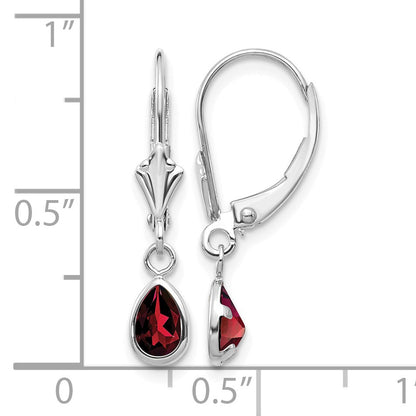 14k White Gold 6x4 Pear Bezel January/Garnet Leverback Earrings