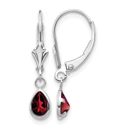 14k White Gold 6x4 Pear Bezel January/Garnet Leverback Earrings