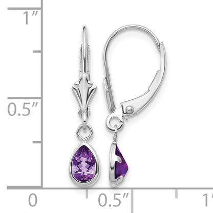 14k White Gold 6x4 Pear Bezel February/Amethyst Leverback Earrings