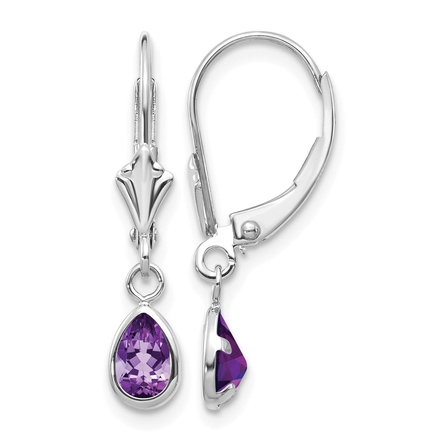14k White Gold 6x4 Pear Bezel February/Amethyst Leverback Earrings