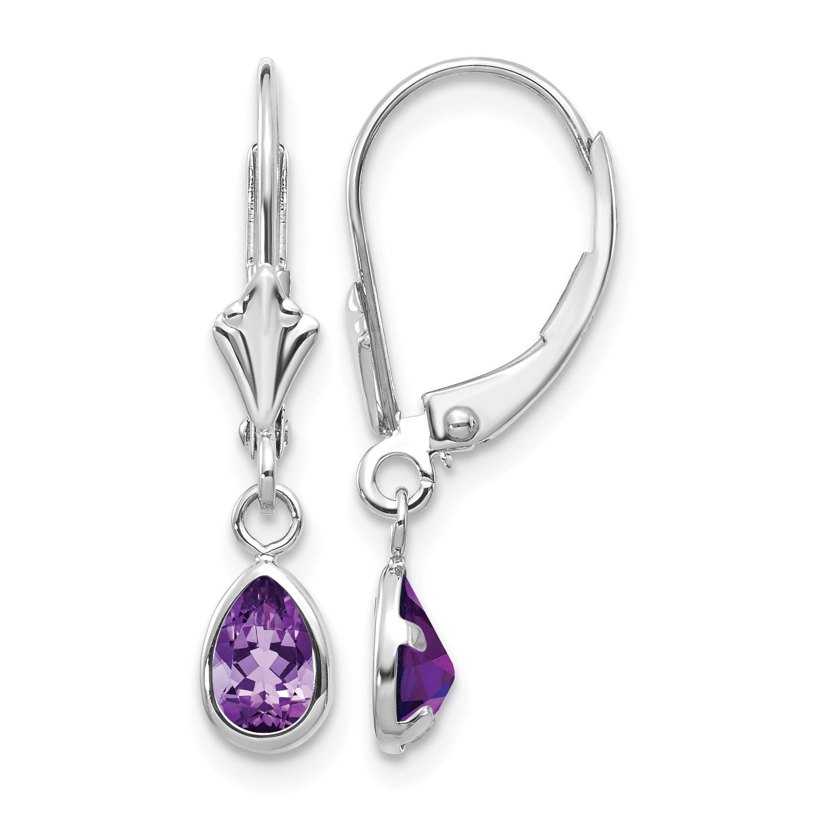 14k White Gold 6x4 Pear Bezel February/Amethyst Leverback Earrings