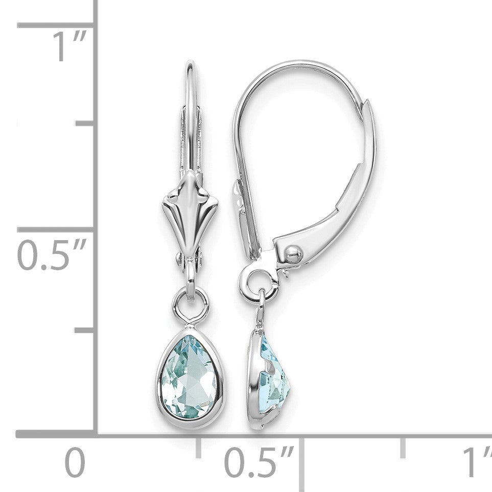 14k White Gold 6x4 Pear Bezel March/Aquamarine Leverback Earrings