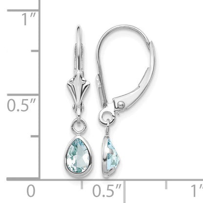 14k White Gold 6x4 Pear Bezel March/Aquamarine Leverback Earrings