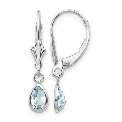 14k White Gold 6x4 Pear Bezel March/Aquamarine Leverback Earrings