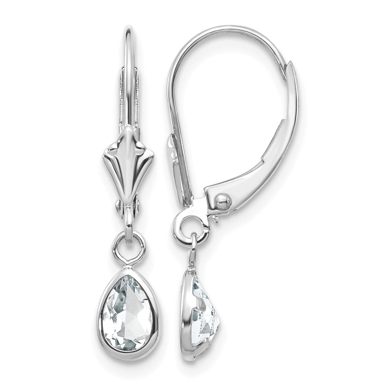 14k White Gold 6x4 Pear Bezel April/White Topaz Leverback Earrings