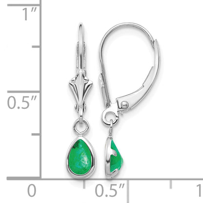 14k White Gold 6x4 Pear Bezel May/Emerald Leverback Earrings