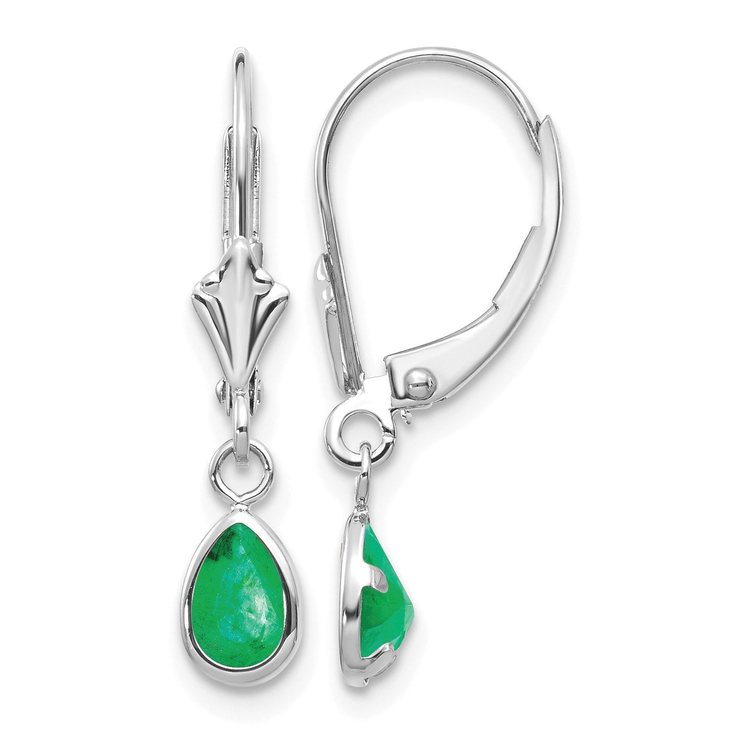 14k White Gold 6x4 Pear Bezel May/Emerald Leverback Earrings