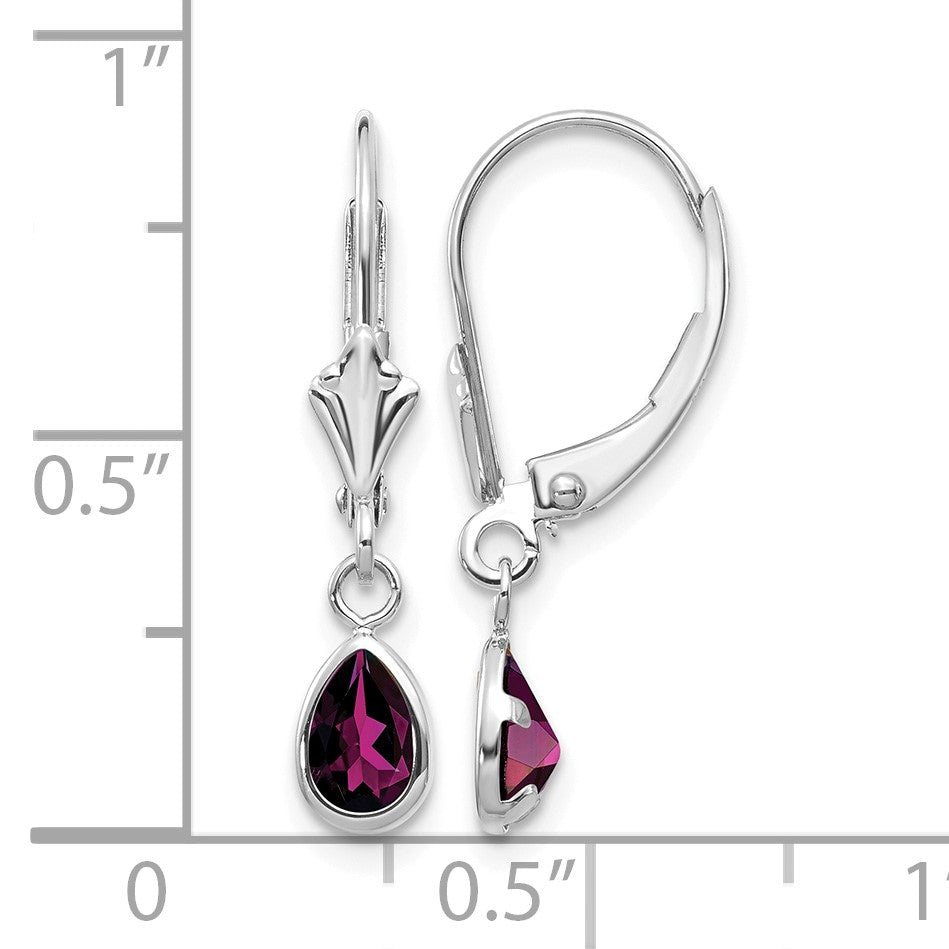 14k White Gold 6x4 Pear Bezel June/Rhodolite Garnet Leverback Earrings