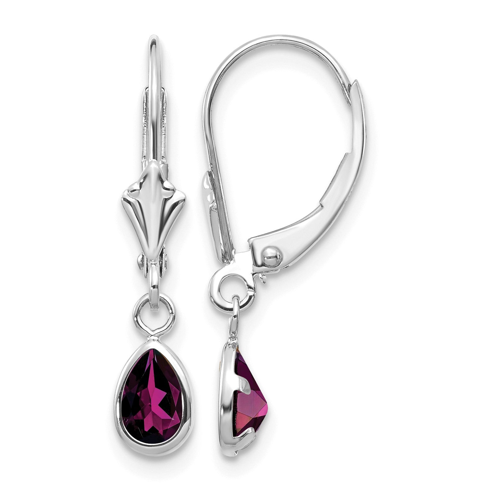 14k White Gold 6x4 Pear Bezel June/Rhodolite Garnet Leverback Earrings