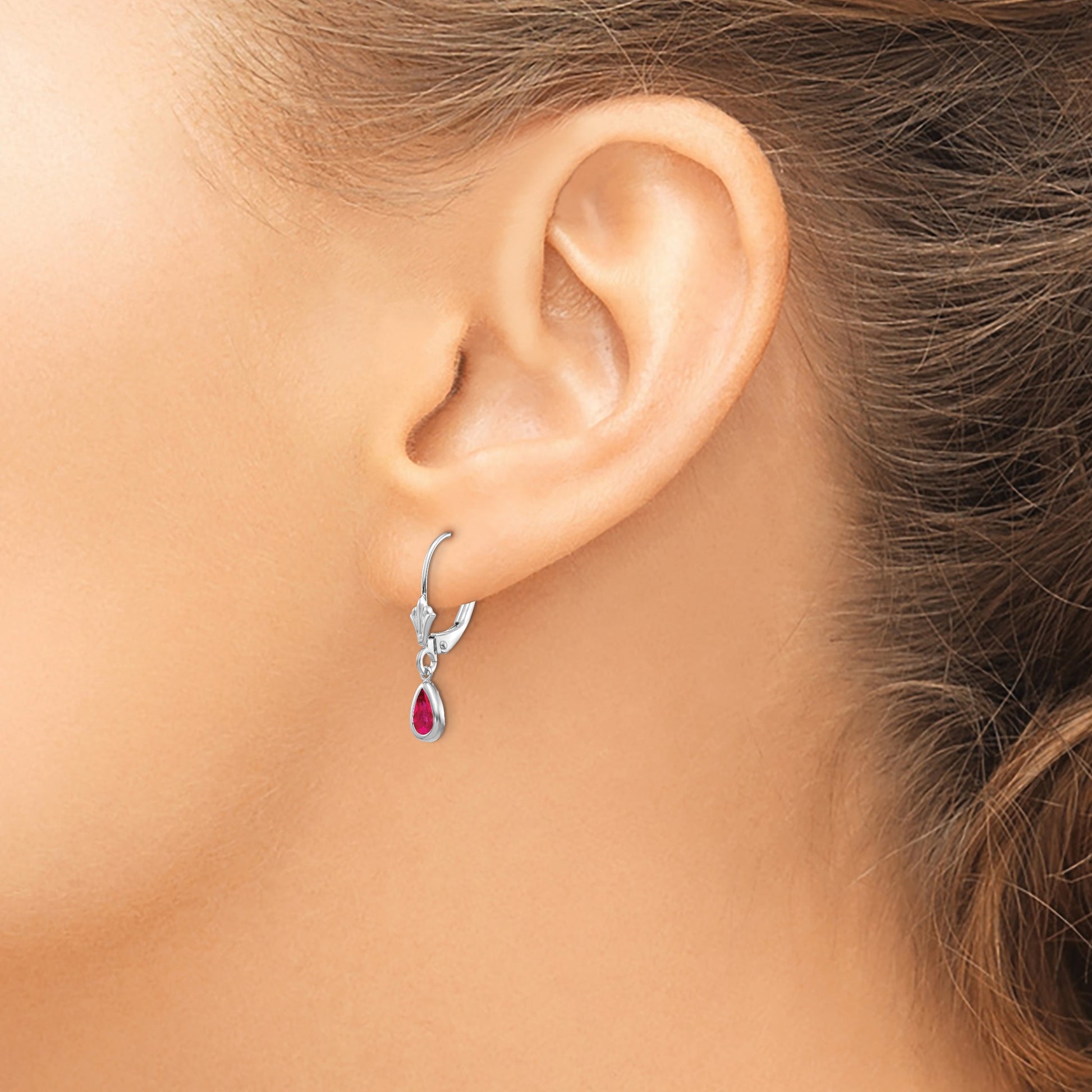14k White Gold 6x4 Pear Bezel July/Ruby Leverback Earrings