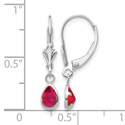 14k White Gold 6x4 Pear Bezel July/Ruby Leverback Earrings