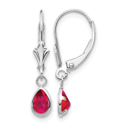 14k White Gold 6x4 Pear Bezel July/Ruby Leverback Earrings