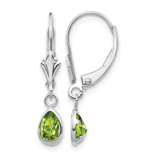 14k White Gold 6x4 Pear Bezel August/Peridot Leverback Earrings
