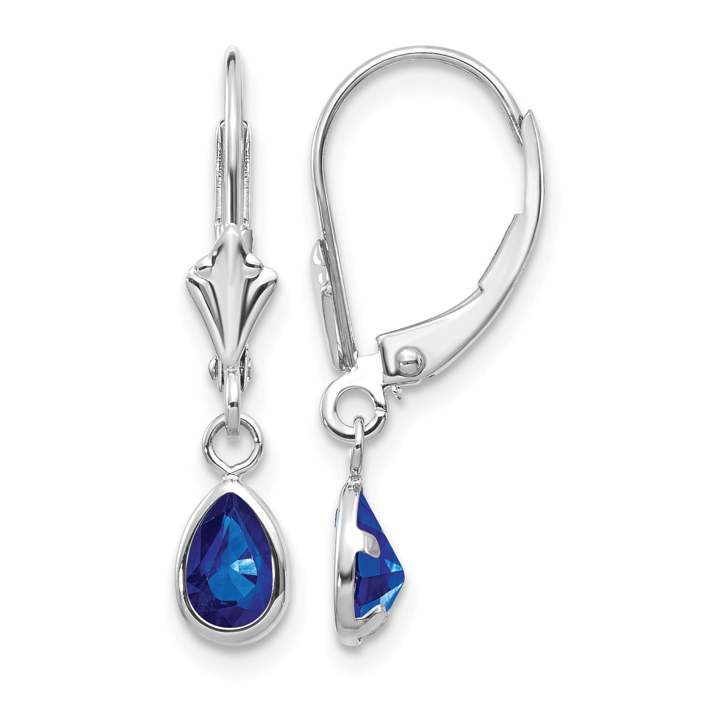 14k White Gold 6x4 Pear Bezel September/Sapphire Leverback Earrings