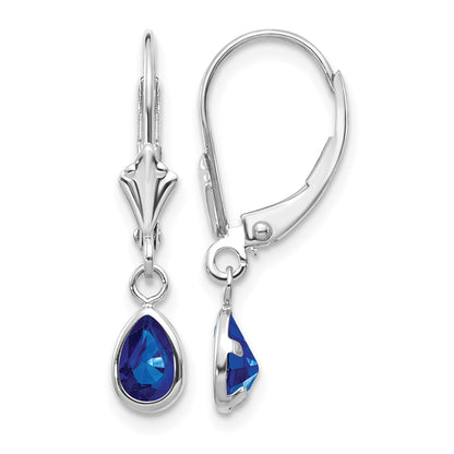 14k White Gold 6x4 Pear Bezel September/Sapphire Leverback Earrings