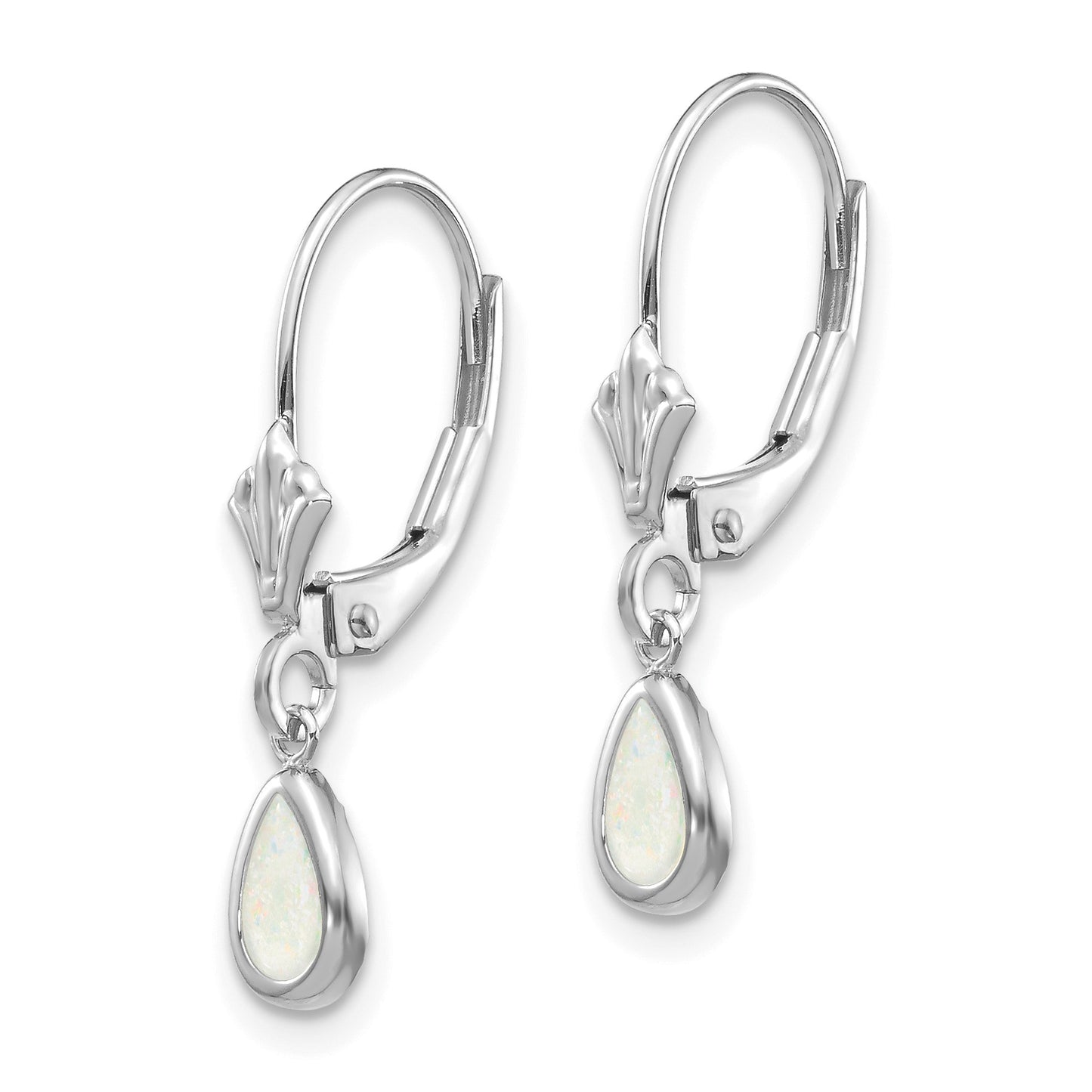14k White Gold 6x4 Pear Bezel October/Opal Leverback Earrings