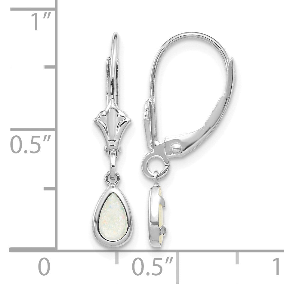 14k White Gold 6x4 Pear Bezel October/Opal Leverback Earrings
