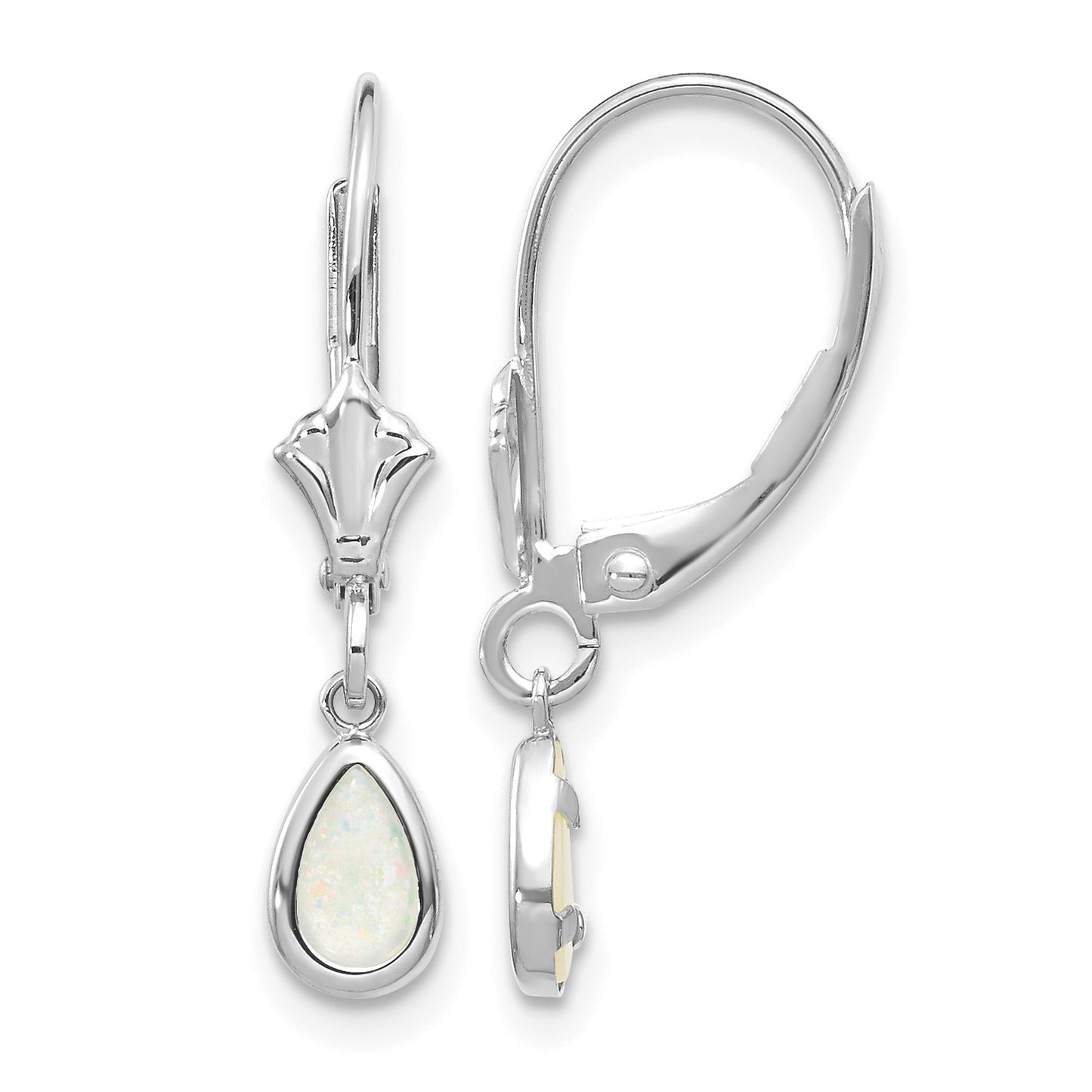 14k White Gold 6x4 Pear Bezel October/Opal Leverback Earrings
