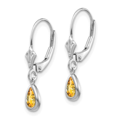 14k White Gold 6x4 Pear Bezel November/Citrine Leverback Earrings