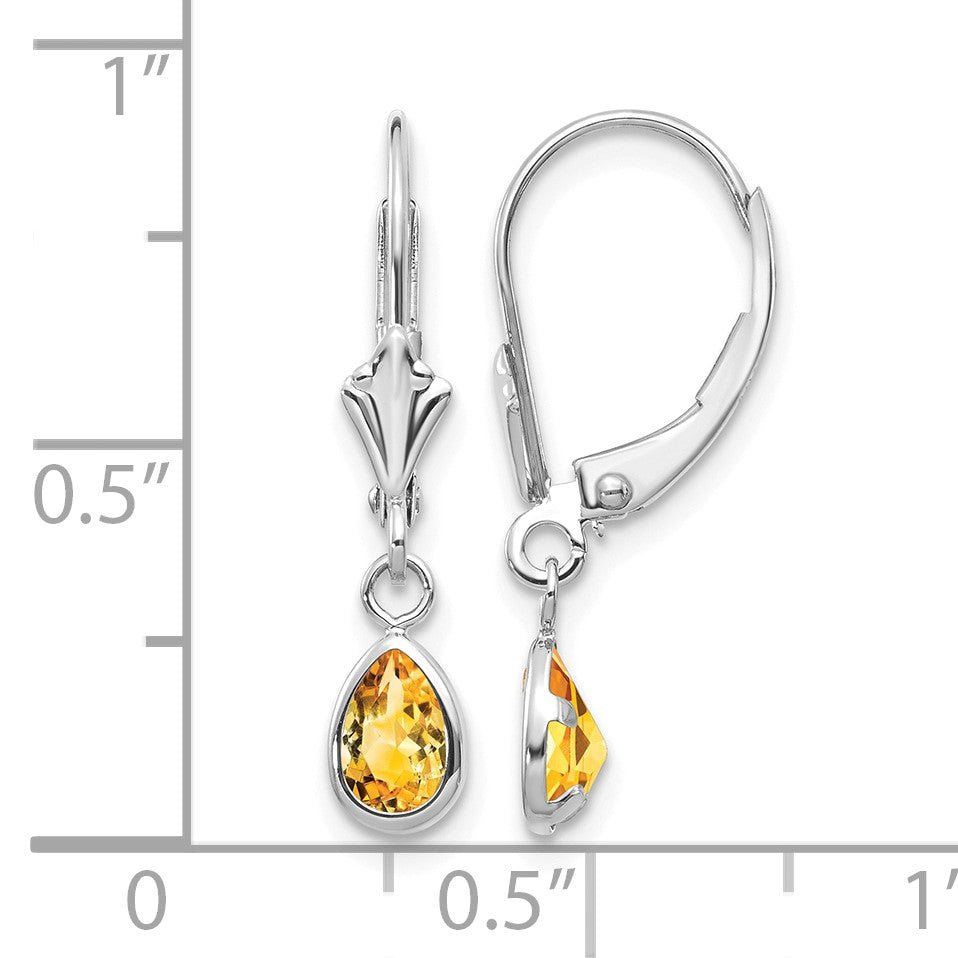 14k White Gold 6x4 Pear Bezel November/Citrine Leverback Earrings