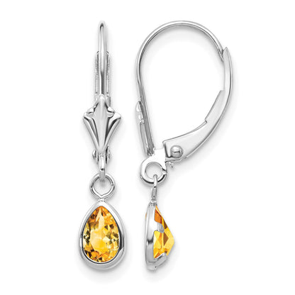 14k White Gold 6x4 Pear Bezel November/Citrine Leverback Earrings