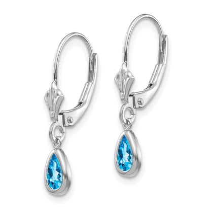14k White Gold 6x4 Pear Bezel December/Blue Topaz Leverback Earrings