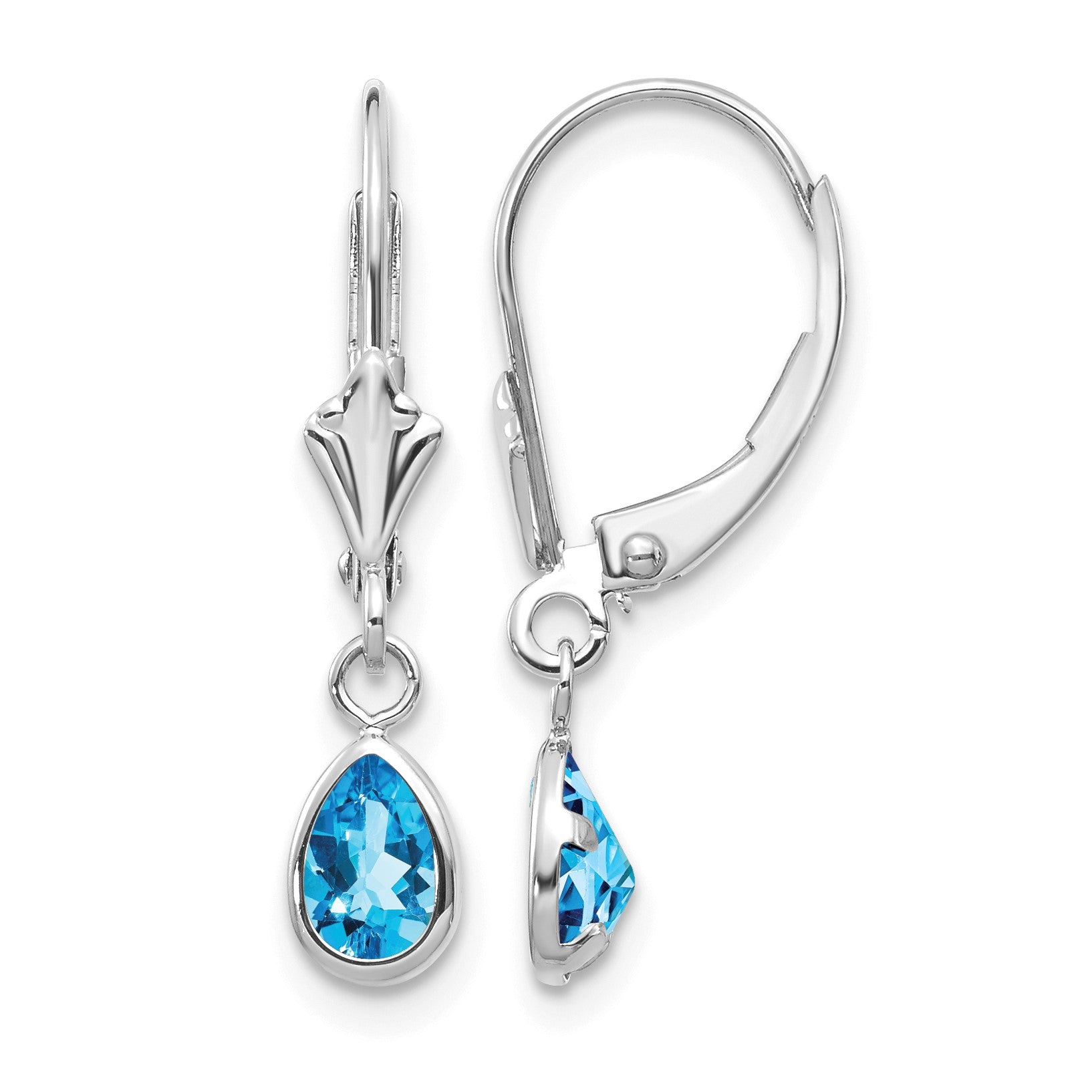 14k White Gold 6x4 Pear Bezel December/Blue Topaz Leverback Earrings