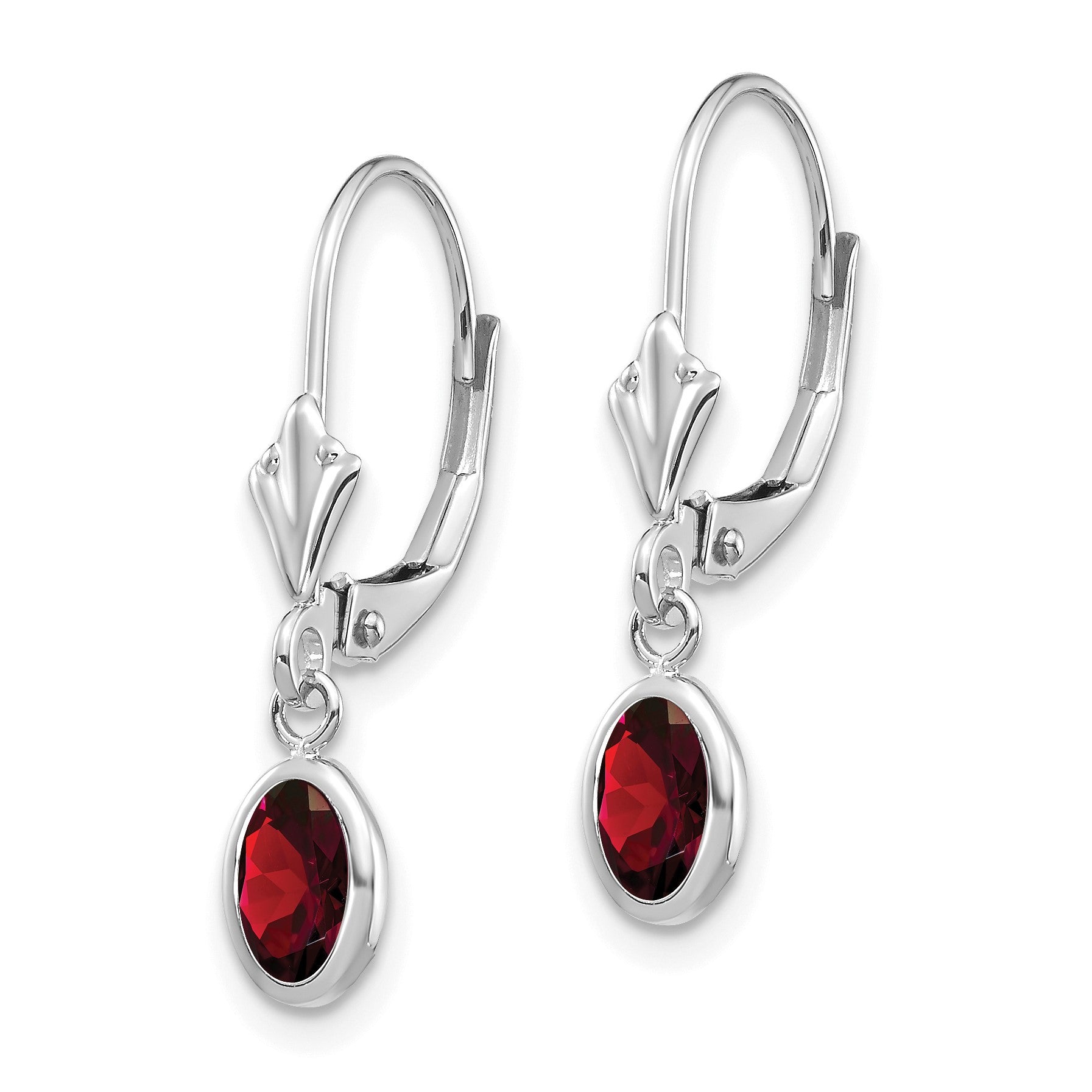 14k White Gold 6x4 Oval Bezel January/Garnet Leverback Earrings