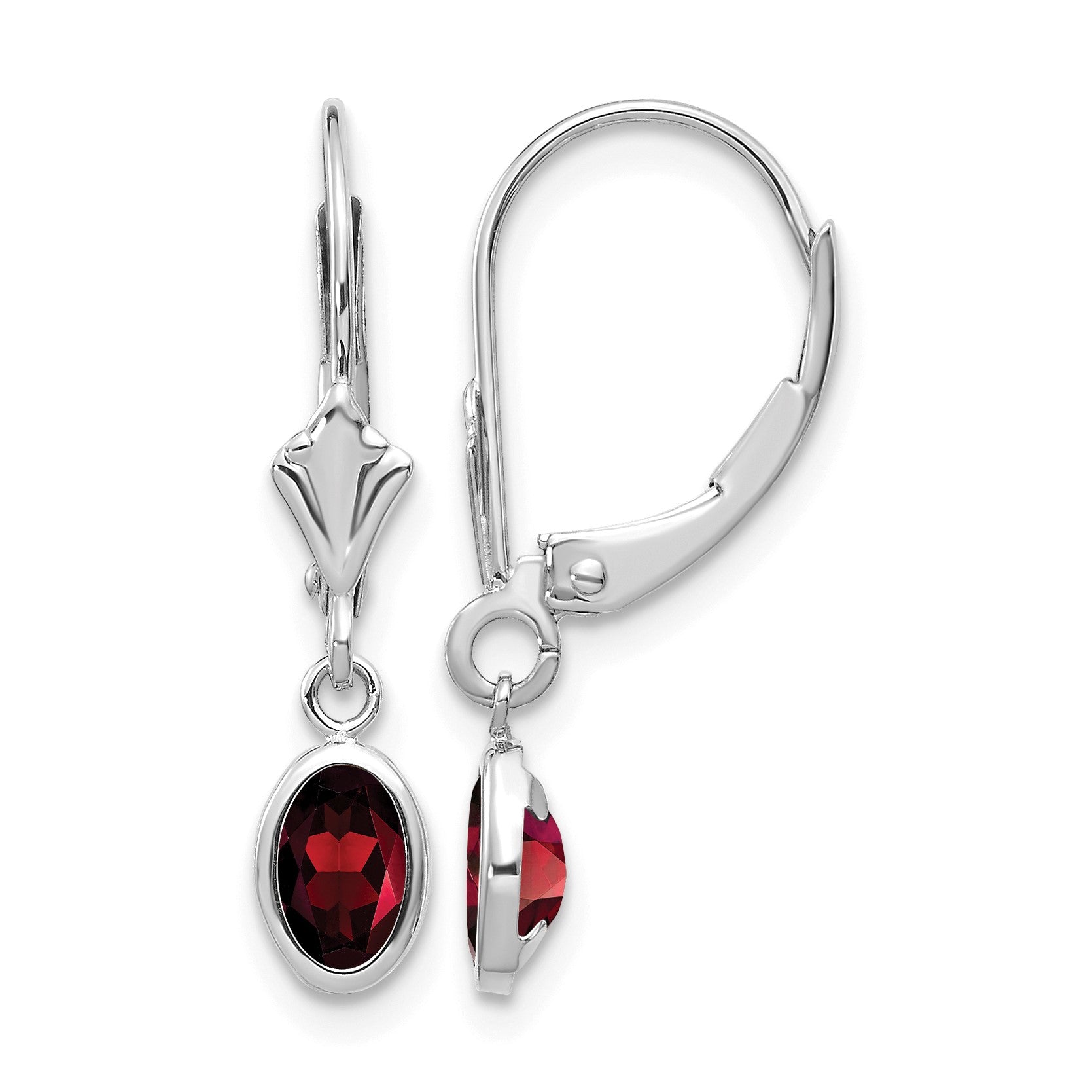 14k White Gold 6x4 Oval Bezel January/Garnet Leverback Earrings