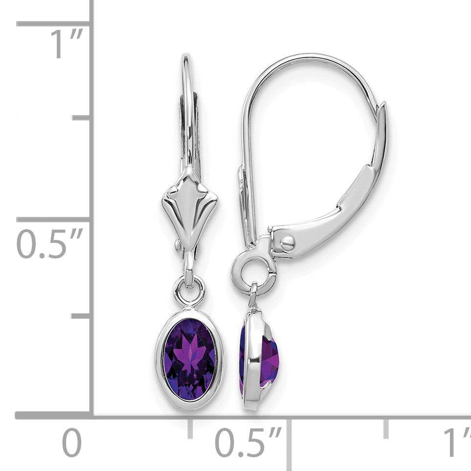 14k White Gold 6x4 Oval Bezel February/Amethyst Leverback Earrings