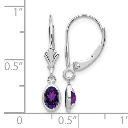 14k White Gold 6x4 Oval Bezel February/Amethyst Leverback Earrings