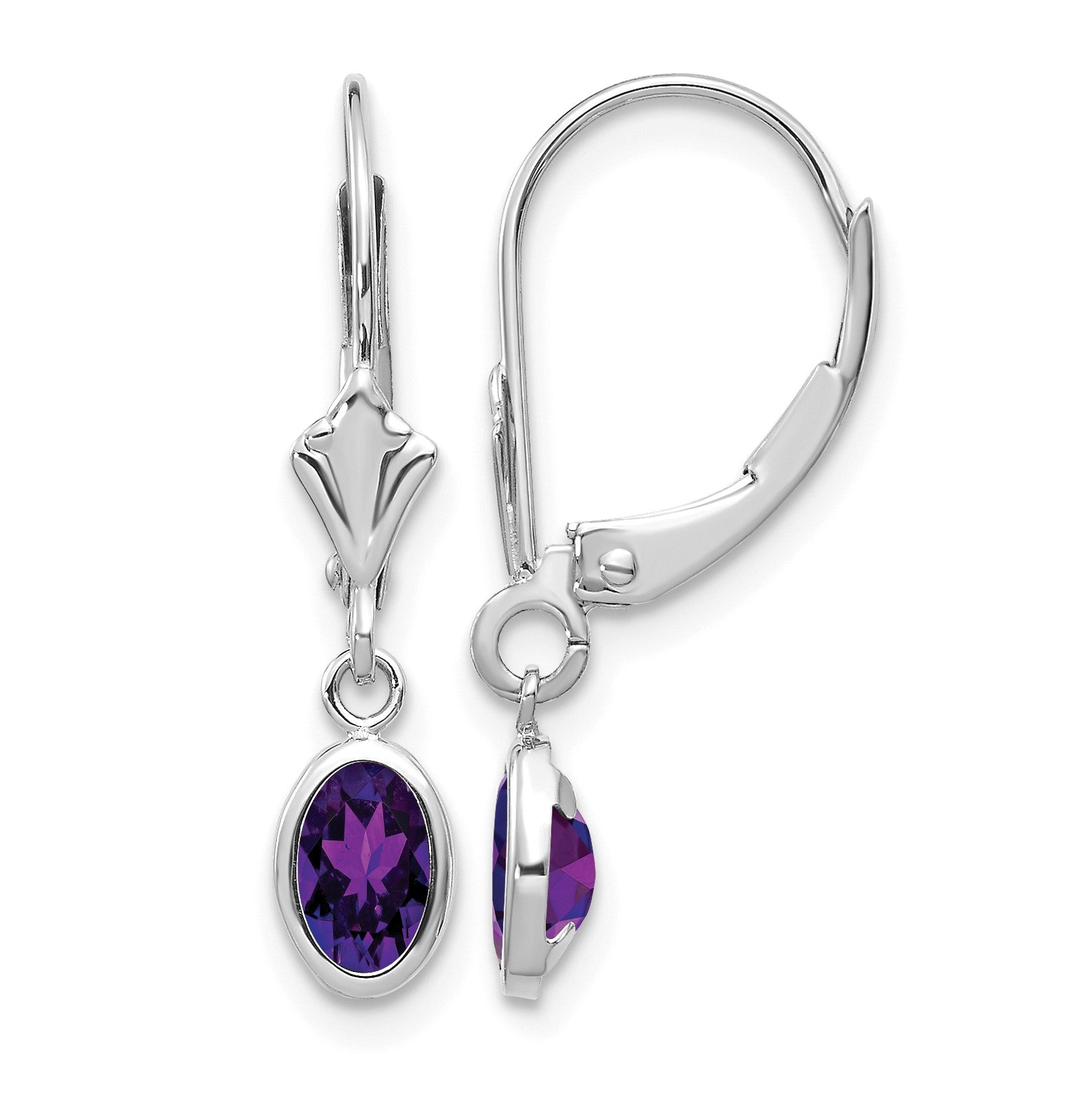 14k White Gold 6x4 Oval Bezel February/Amethyst Leverback Earrings