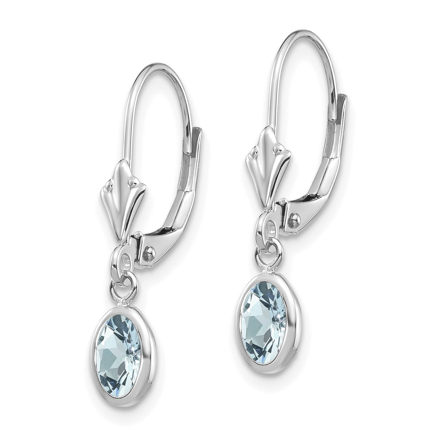 14k White Gold 6x4 Oval Bezel March/Aquamarine Leverback Earrings