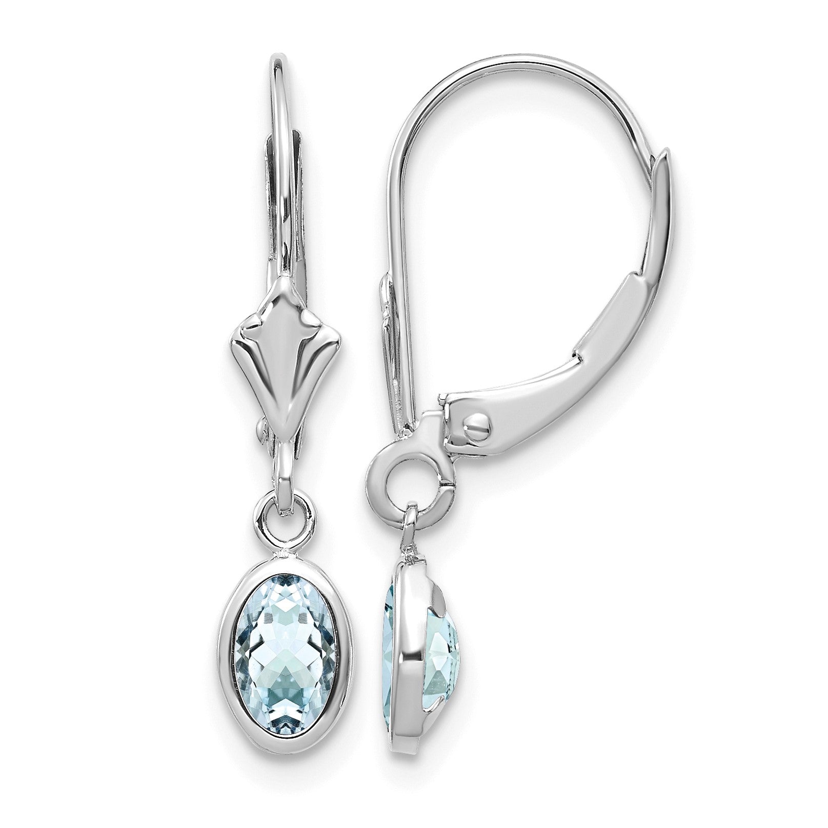 14k White Gold 6x4 Oval Bezel March/Aquamarine Leverback Earrings