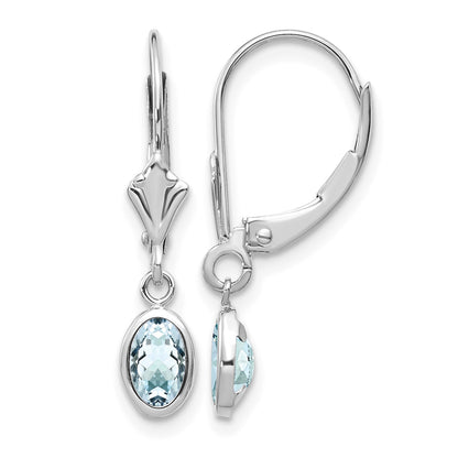 14k White Gold 6x4 Oval Bezel March/Aquamarine Leverback Earrings