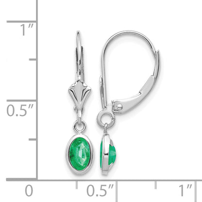 14k White Gold 6x4 Oval Bezel May/Emerald Leverback Earrings